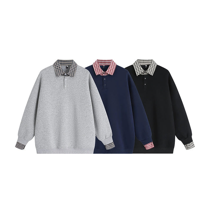 Plaid Collar Spliced Polo Sweatshirt