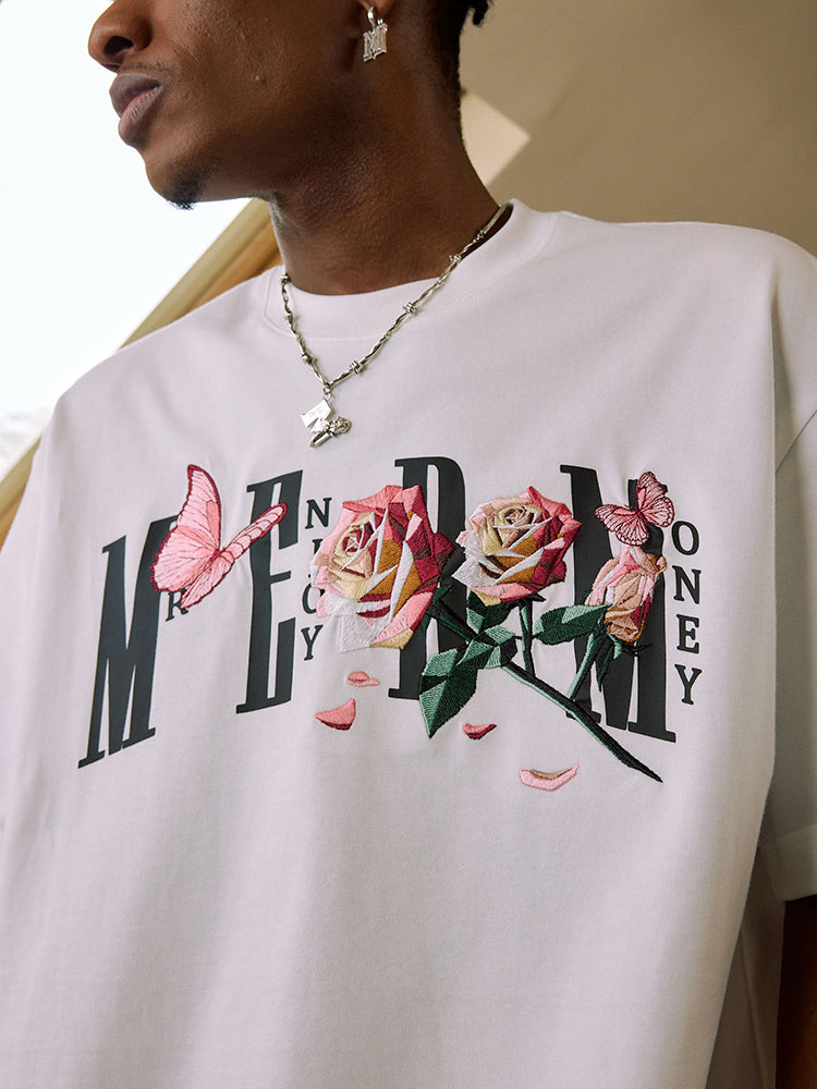 Butterfly Rose Embroidered Loose Fit T-Shirt