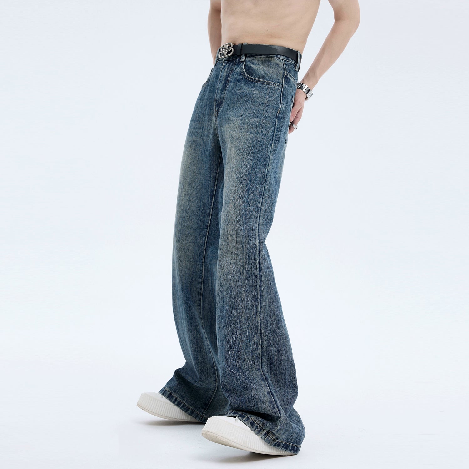 Flared Washed Raw Denim Jeans Pants