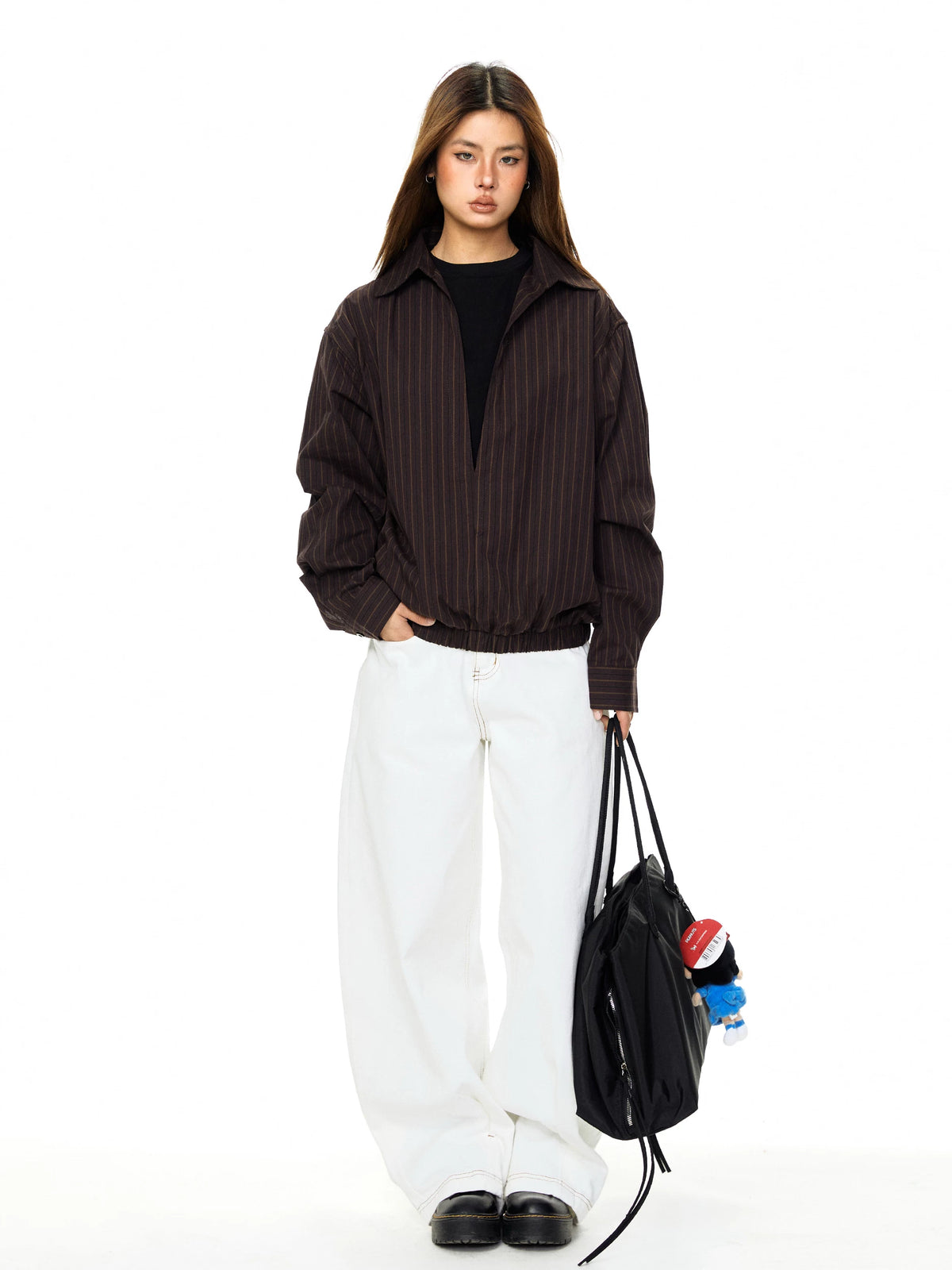 Striped V-Neck Faux Two-Piece Pullover 5