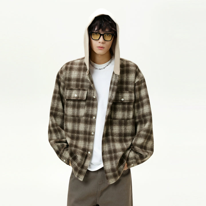 Wool Plaid Hooded Shirt Jacket