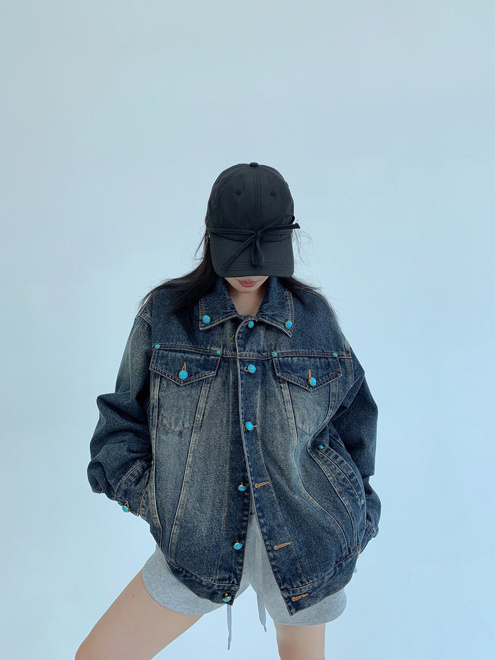 Gestresster Übergroßer Knopf-Denim-Jacke 