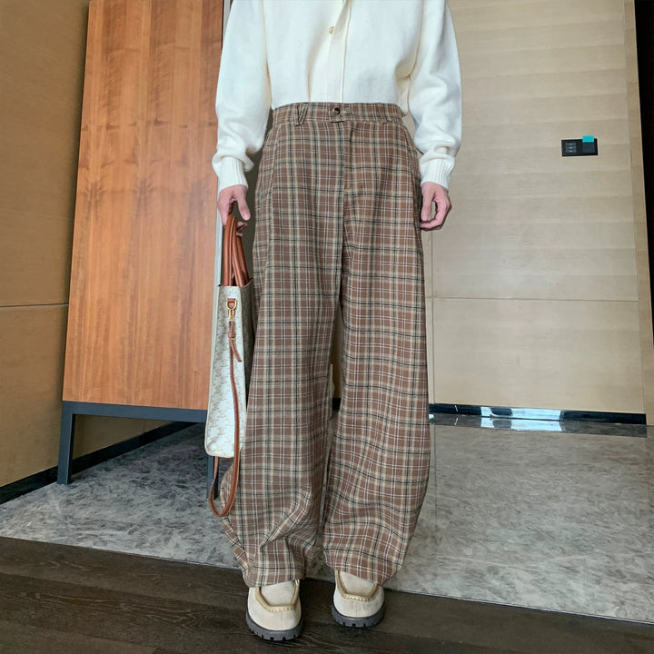 Plaid Wide-Leg Elastic Waist Pants
