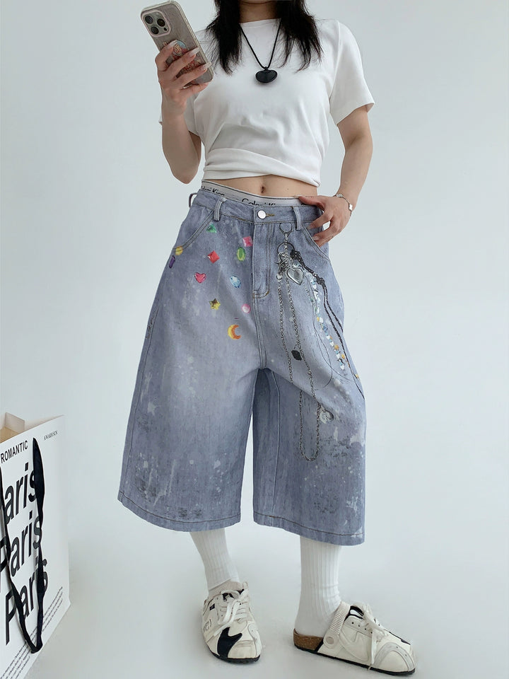 Graffiti Print Denim Cropped Pants