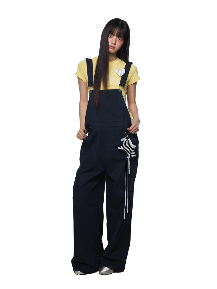 Retro Wide-Leg Overall Pants Jumpsuit with Pendant