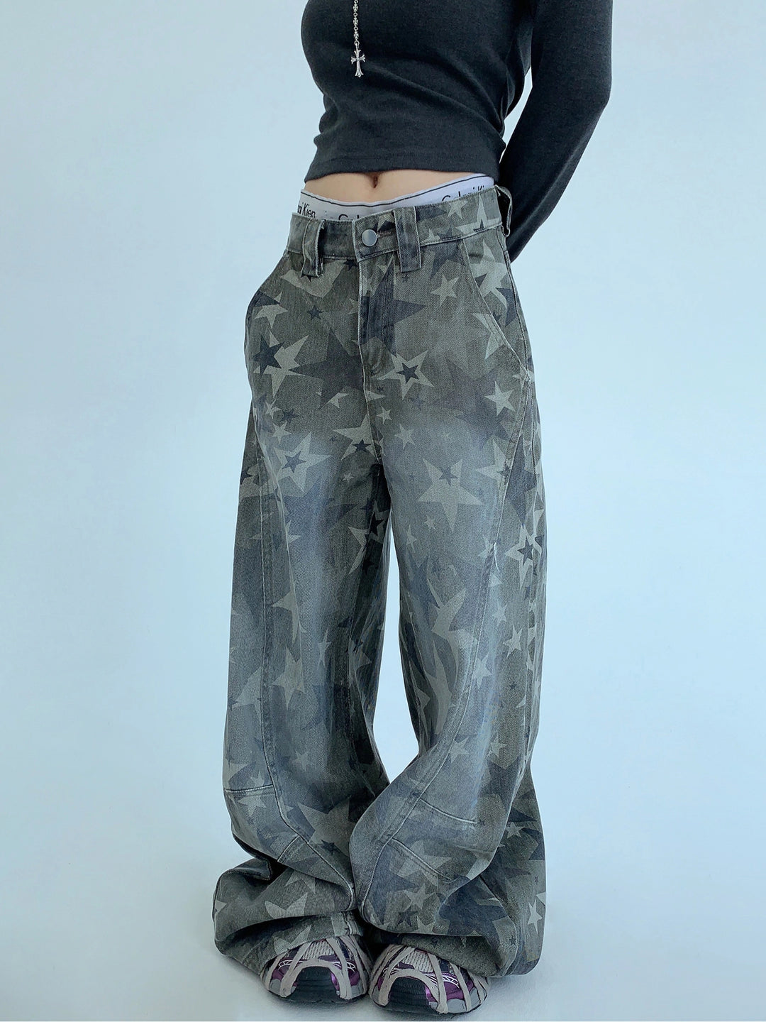 Distressed stjärntryck bredbenta jeans 