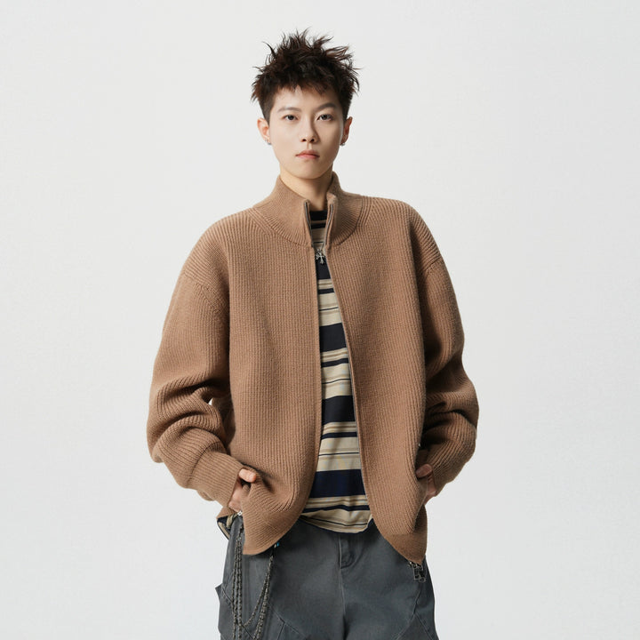 Zip Up Stand Collar Knit Cardigan