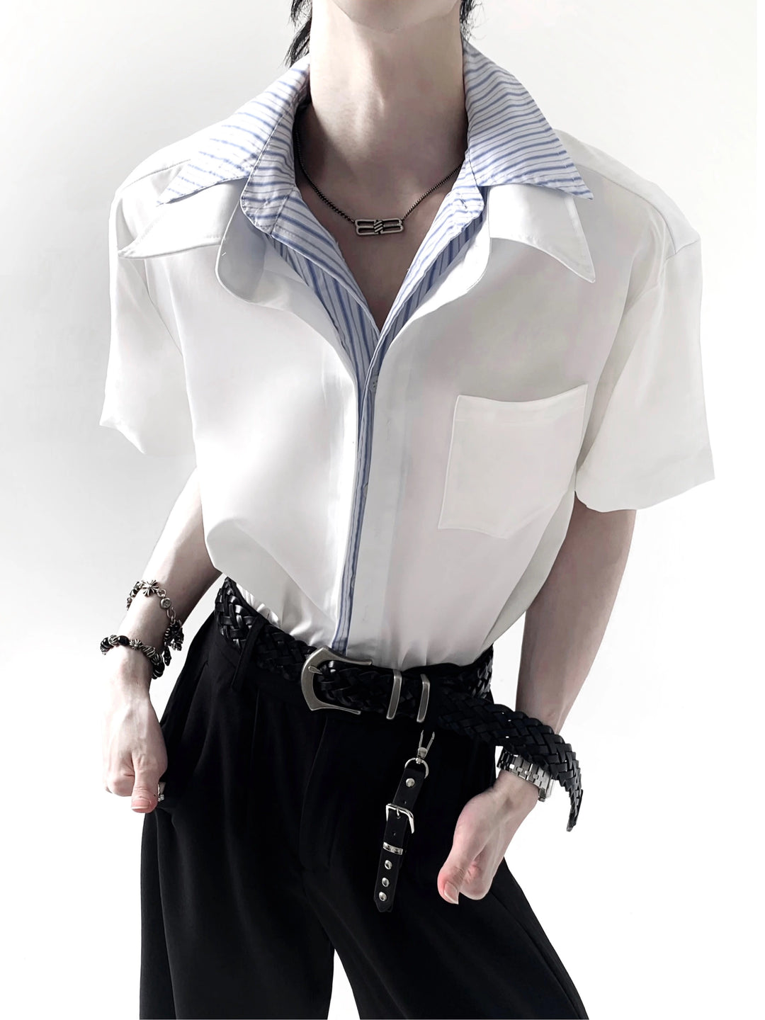 Patchwork Striped Collar Short-sleeved Shirt