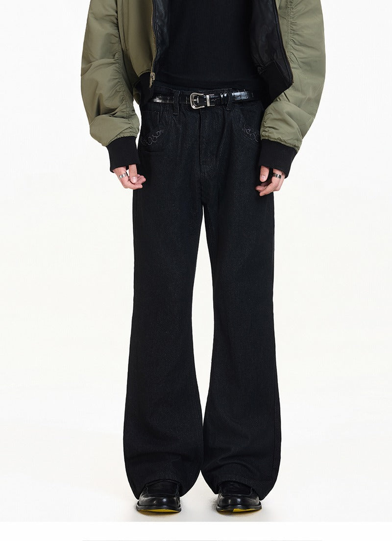 Texturované vyšívané kalhoty z hrubého denimu s rozšířenými nohavicemi 