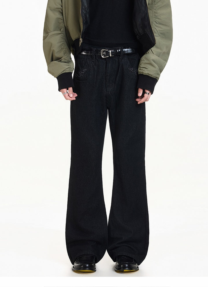 Texturované vyšívané kalhoty z hrubého denimu s rozšířenými nohavicemi 