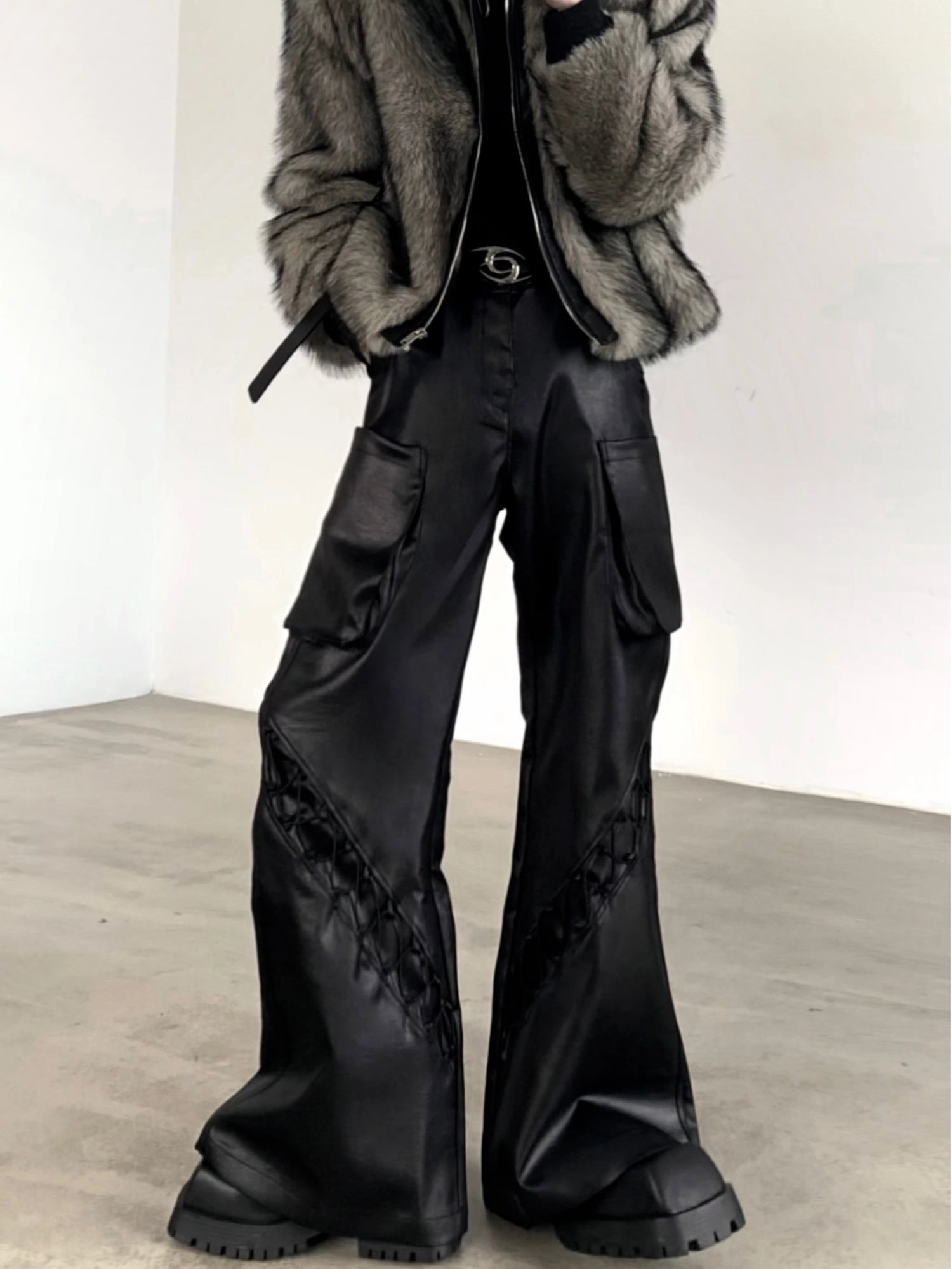 Flared Faux Leather Cargo Pants