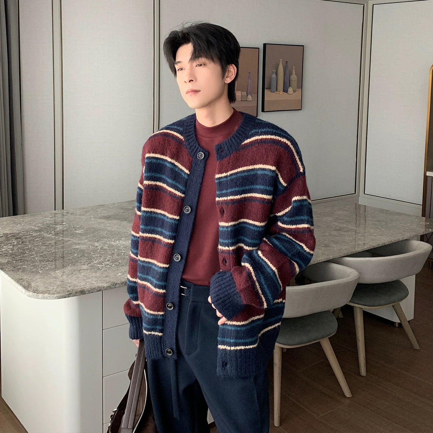 Retro Striped Knit Cardigan Sweater