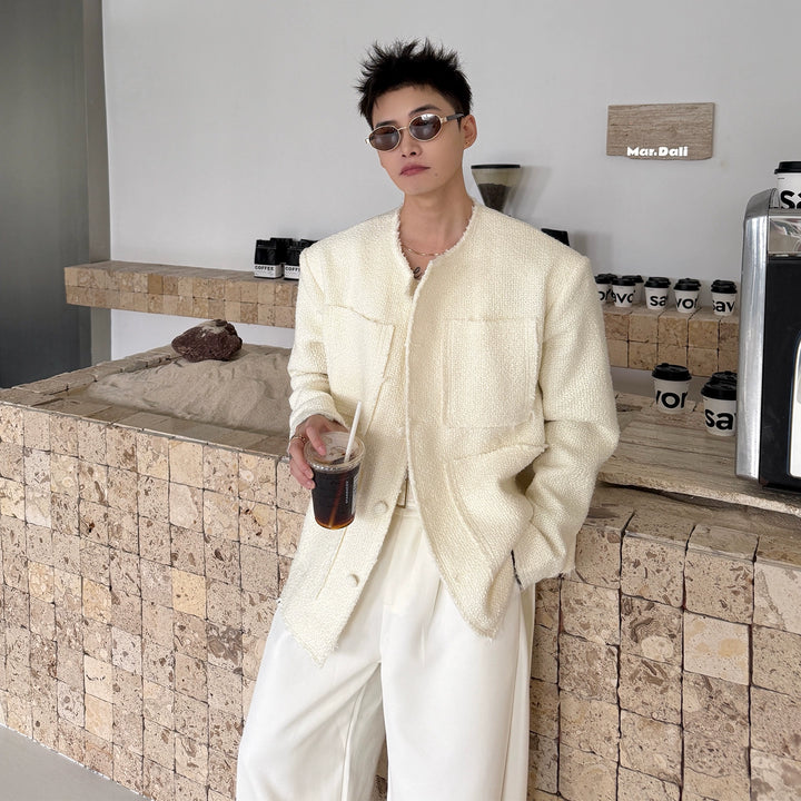 Collarless Wool Raw Edge Jacket
