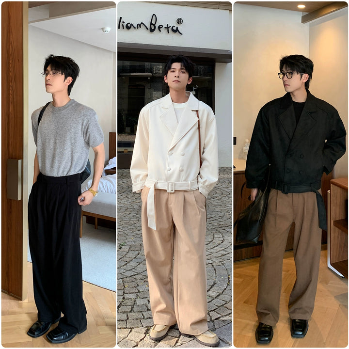 テクスチャーのあるワイドレッグストレートカジュアルパンツ 