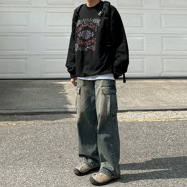 Džínové kalhoty s širokými nohavicemi a opotřebovaným vzhledem 