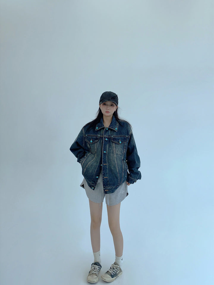 Gestresster Übergroßer Knopf-Denim-Jacke 
