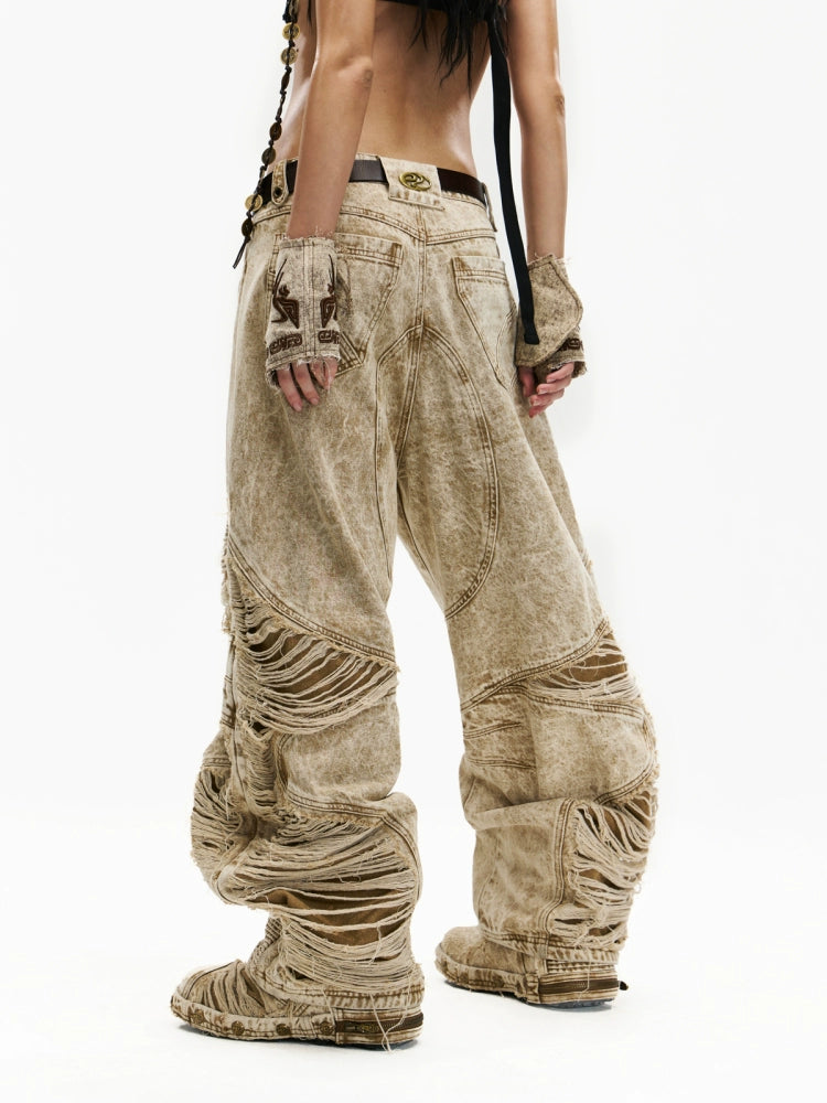 Distressed Baggy Zipper Denim Pants