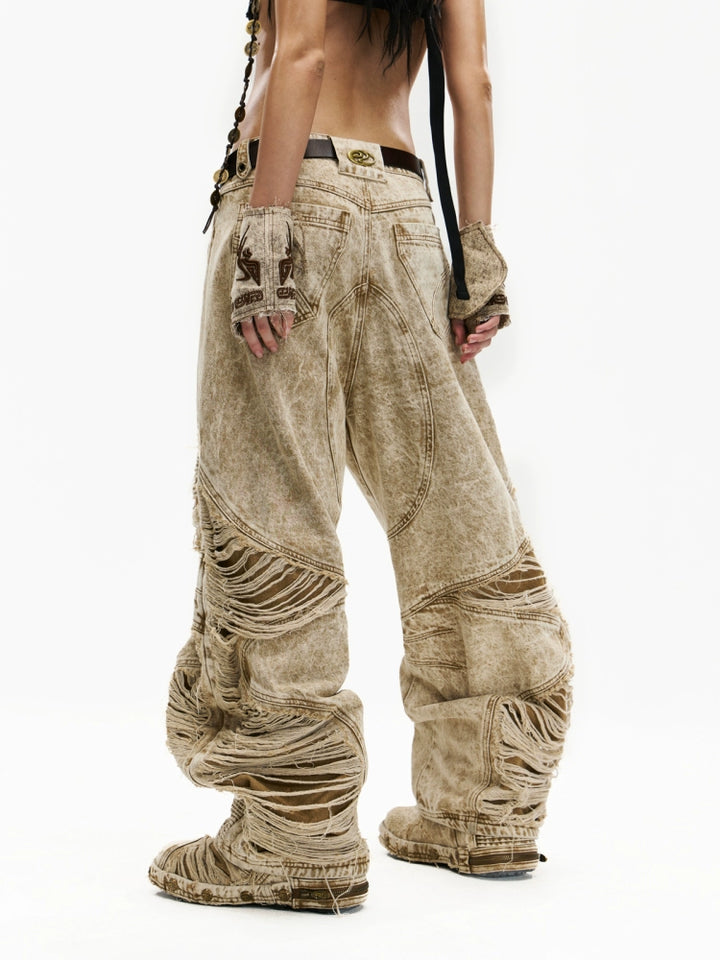 Distressed Baggy Zipper Denim Pants