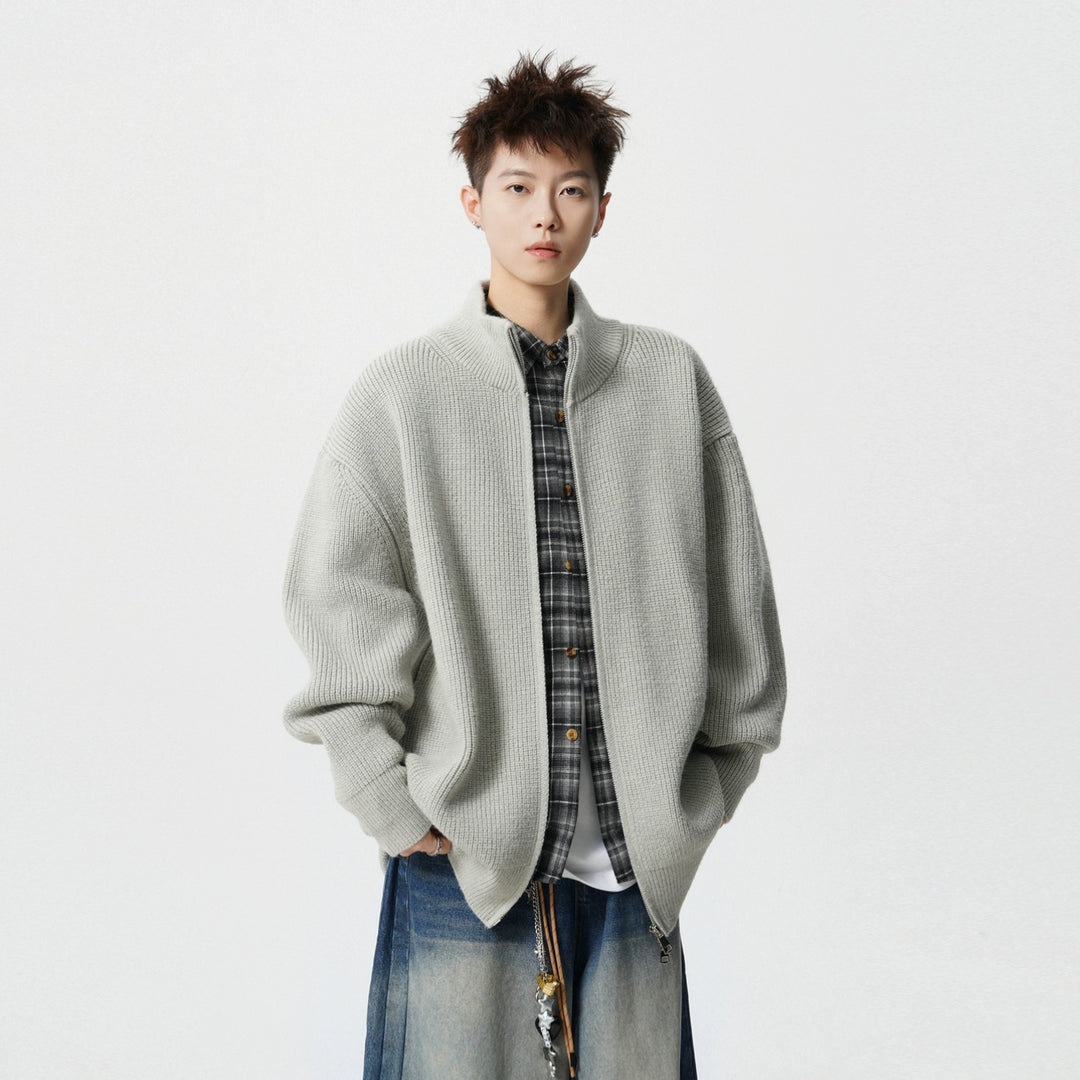 Zip Up Stand Collar Knit Cardigan