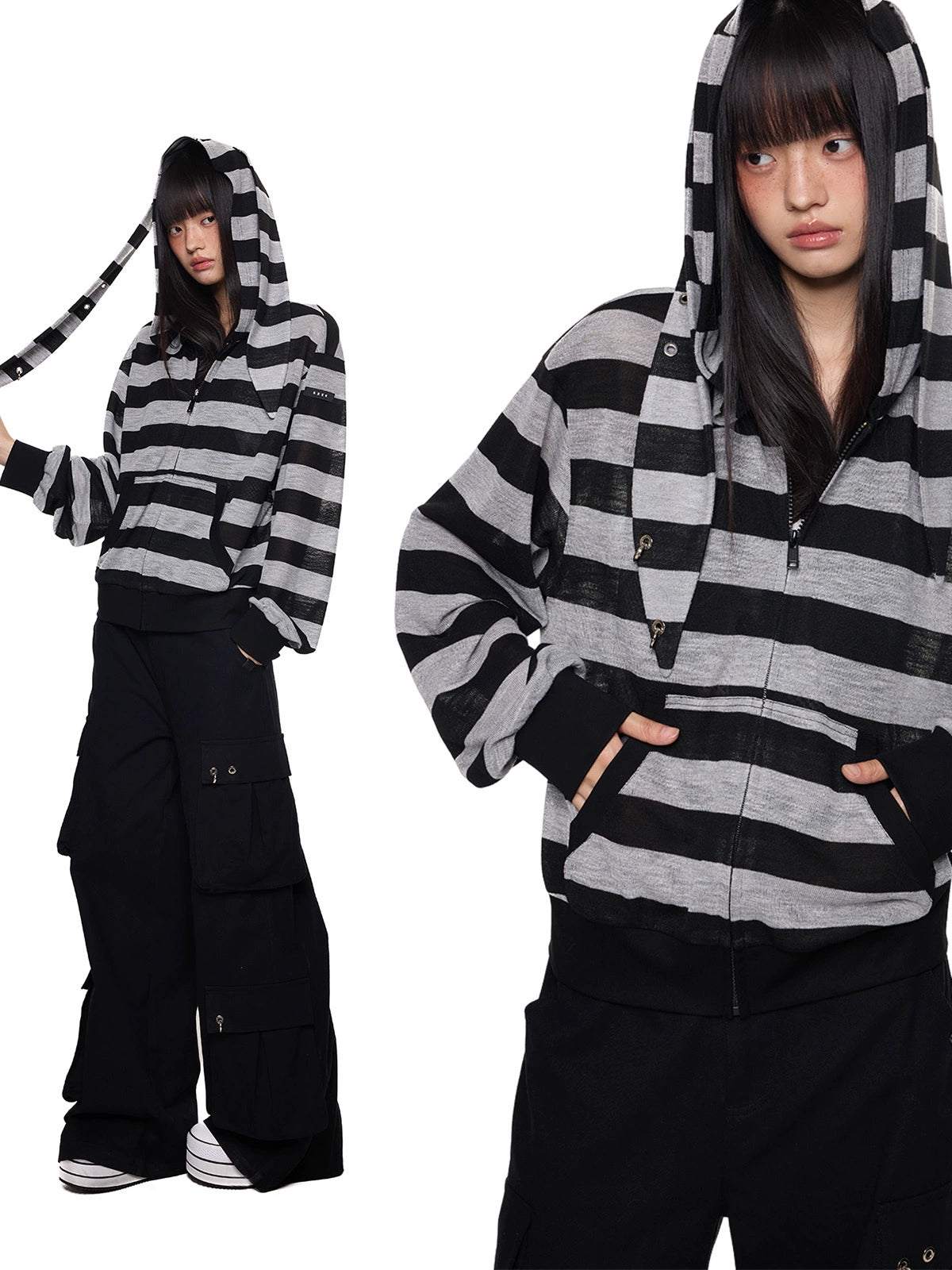 بلوزة حماية من الشمس بغطاء رأس مع أذان أرنب مخطط 