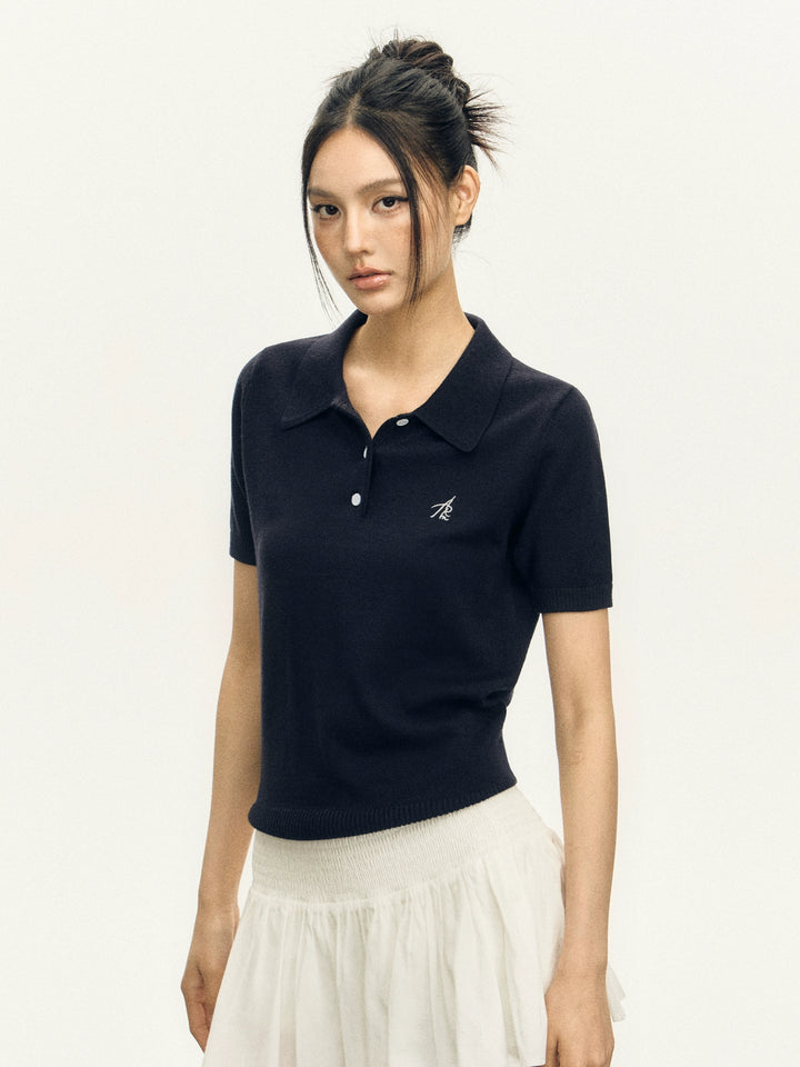 Retro Polo Collar Slim Knit Top