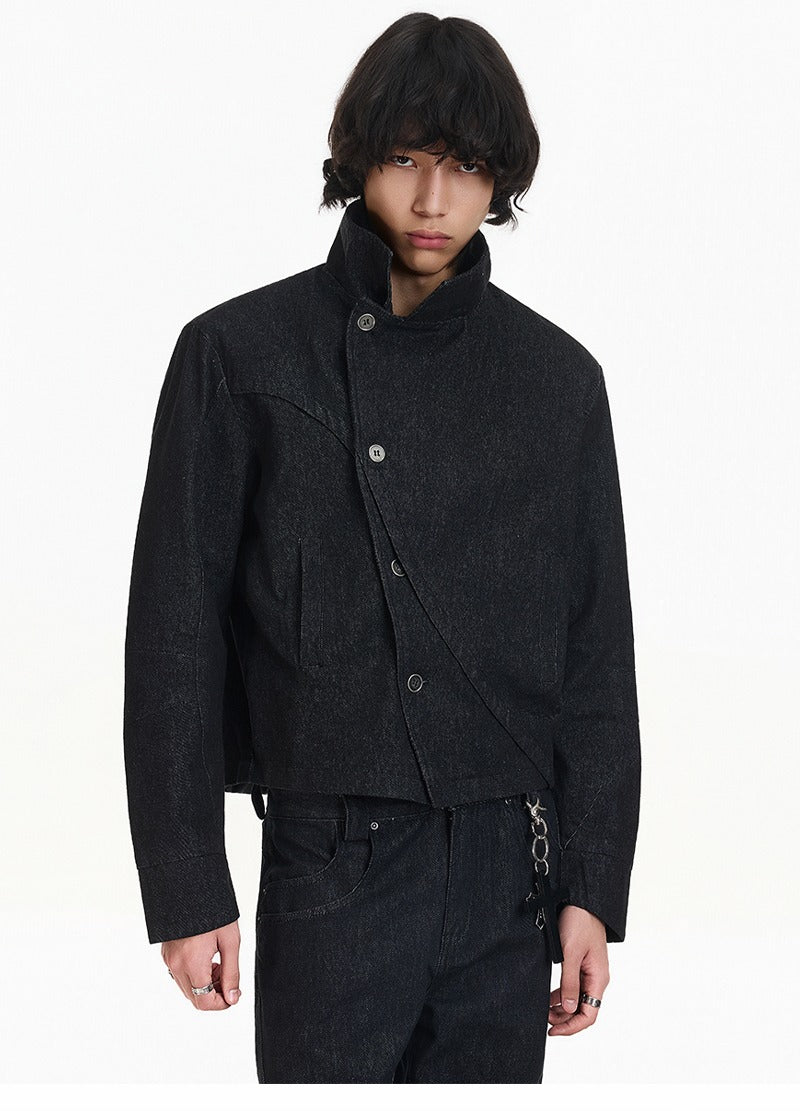 Veste en denim à col montant coupe rétro 