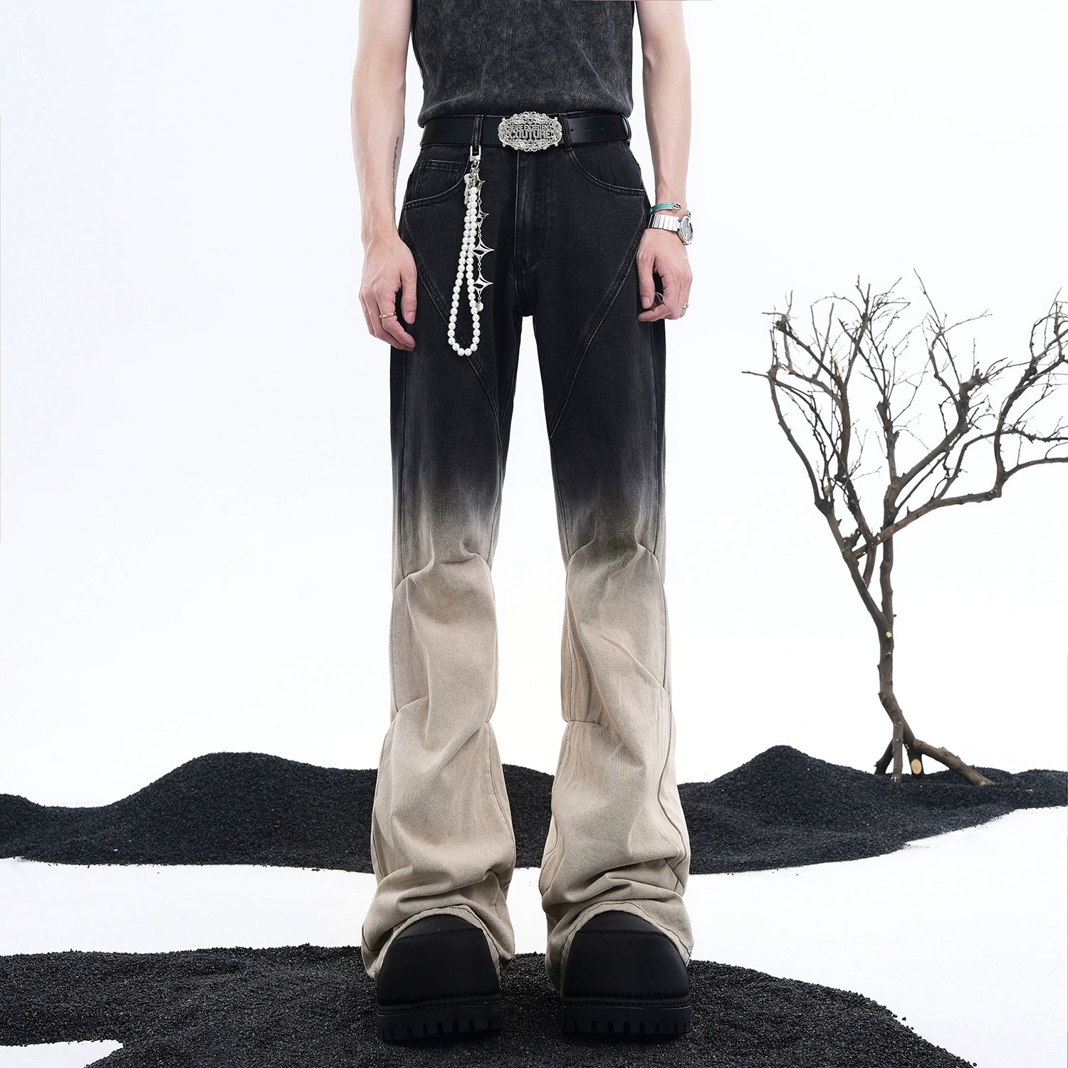 Gradient Flared Floor-Length Pleated Pants