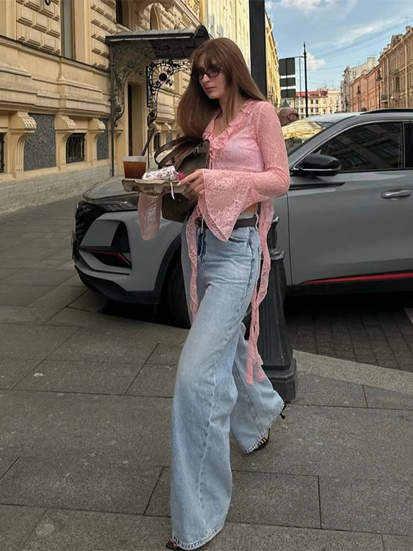 Ruffled Lace-Up Trumpet Sleeve Blouse
