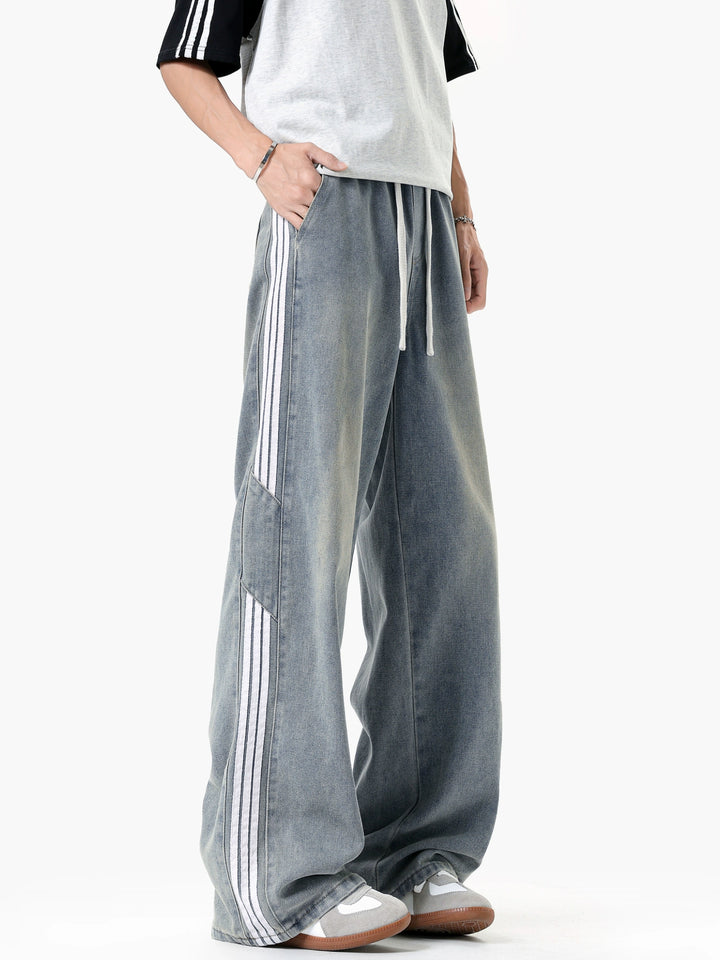 Pantalons en denim à cordon de serrage à trois bandes larges 