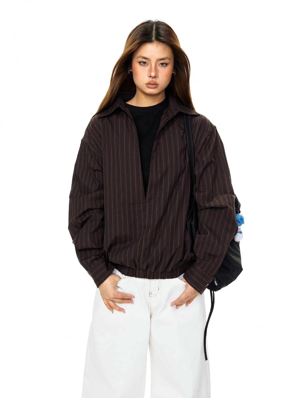 Striped V-Neck Faux Two-Piece Pullover 3