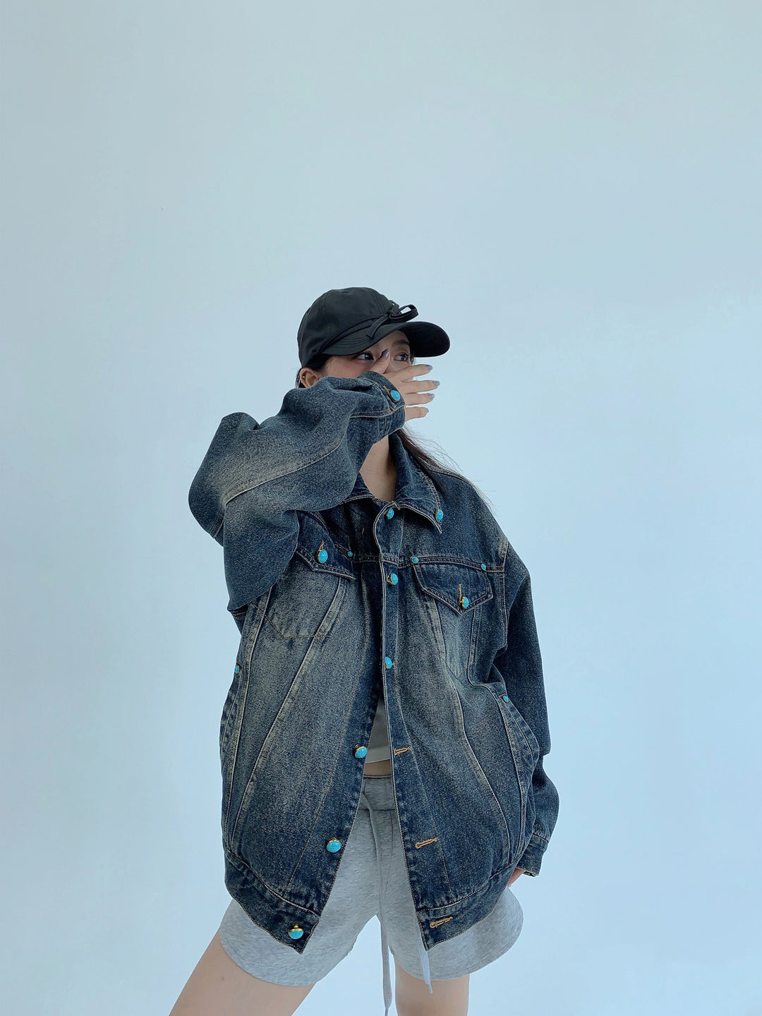 Gestresster Übergroßer Knopf-Denim-Jacke 