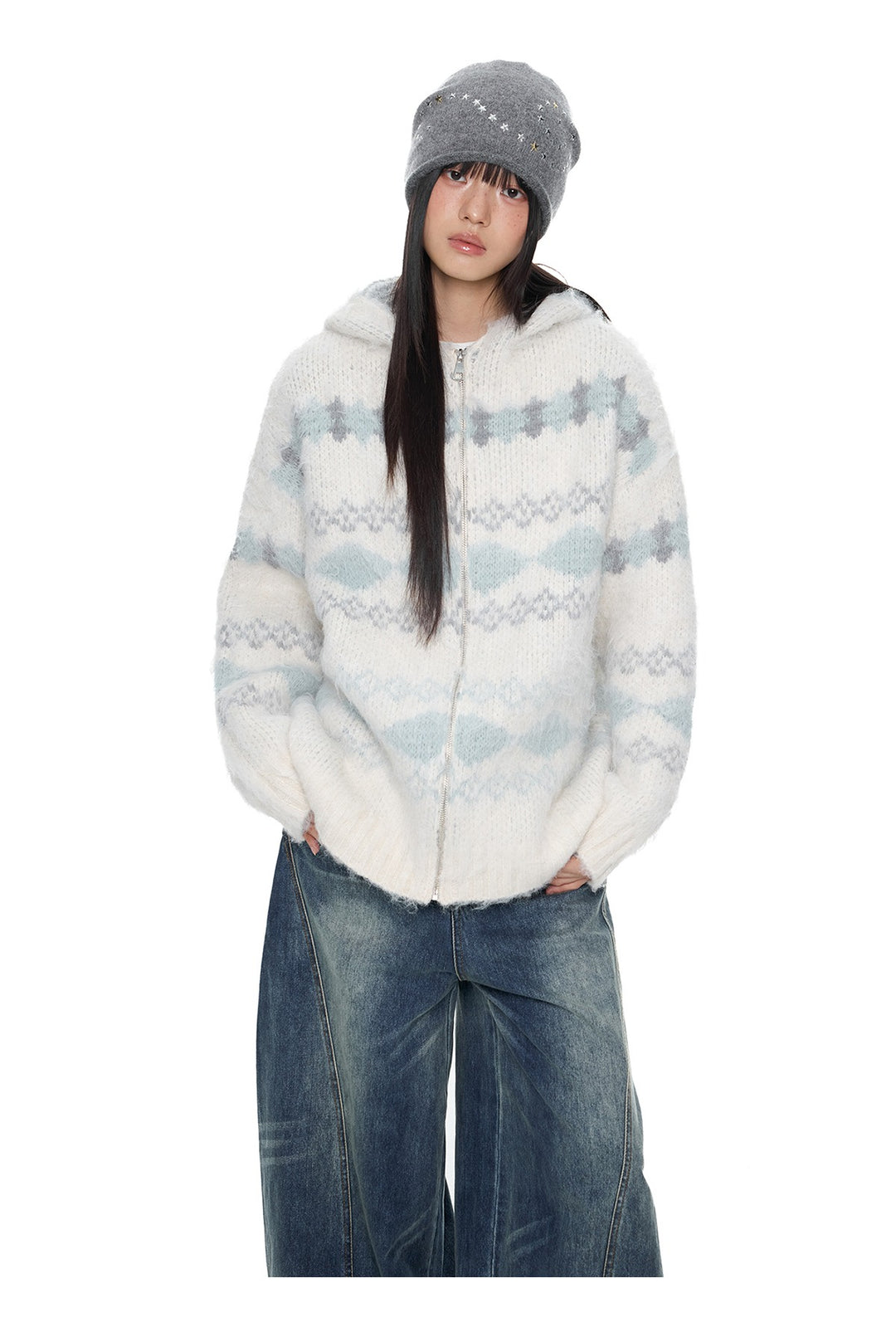 Fair Isle Hooded Knit Cardigan