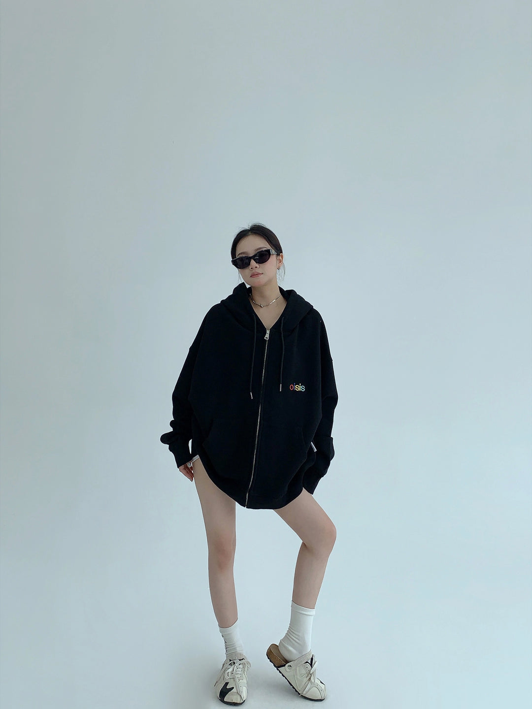 Överdimensionerad broderad zip-up hoodie-jacka 