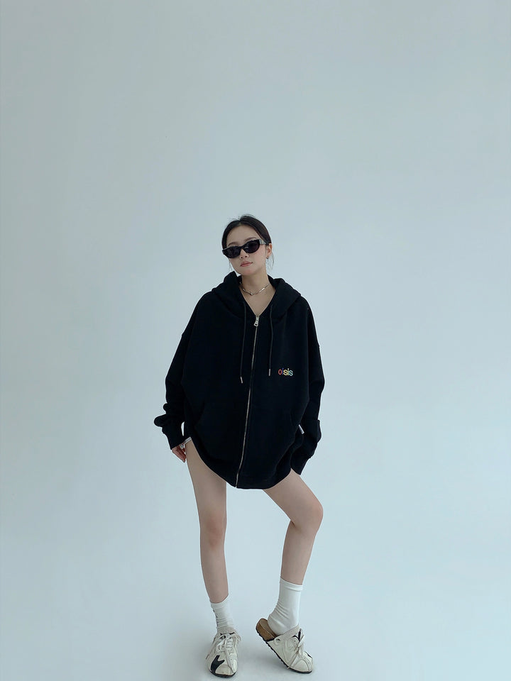 Överdimensionerad broderad zip-up hoodie-jacka 