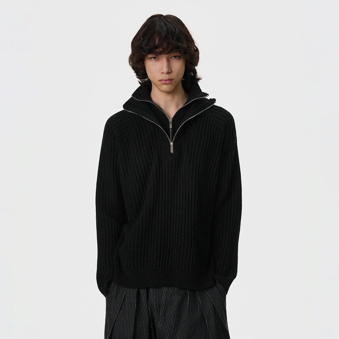 Half-Zip Ribbed Knit Turtleneck Sweater