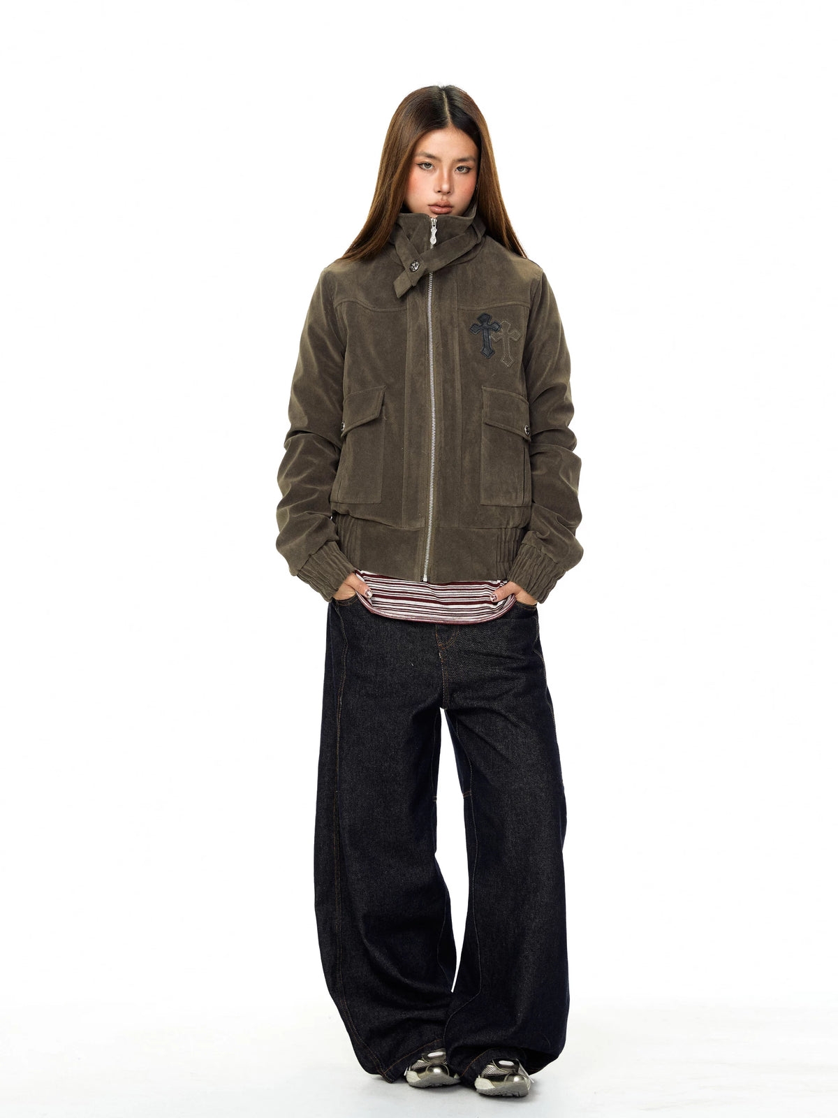 Suede Embroidered Stand Collar Workwear Jacket 5