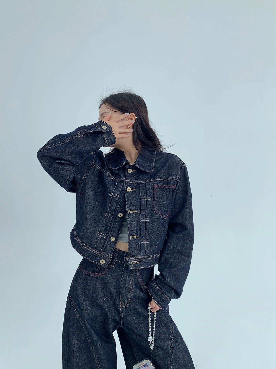 Conjunto de chaqueta de mezclilla suelta retro y pantalones 