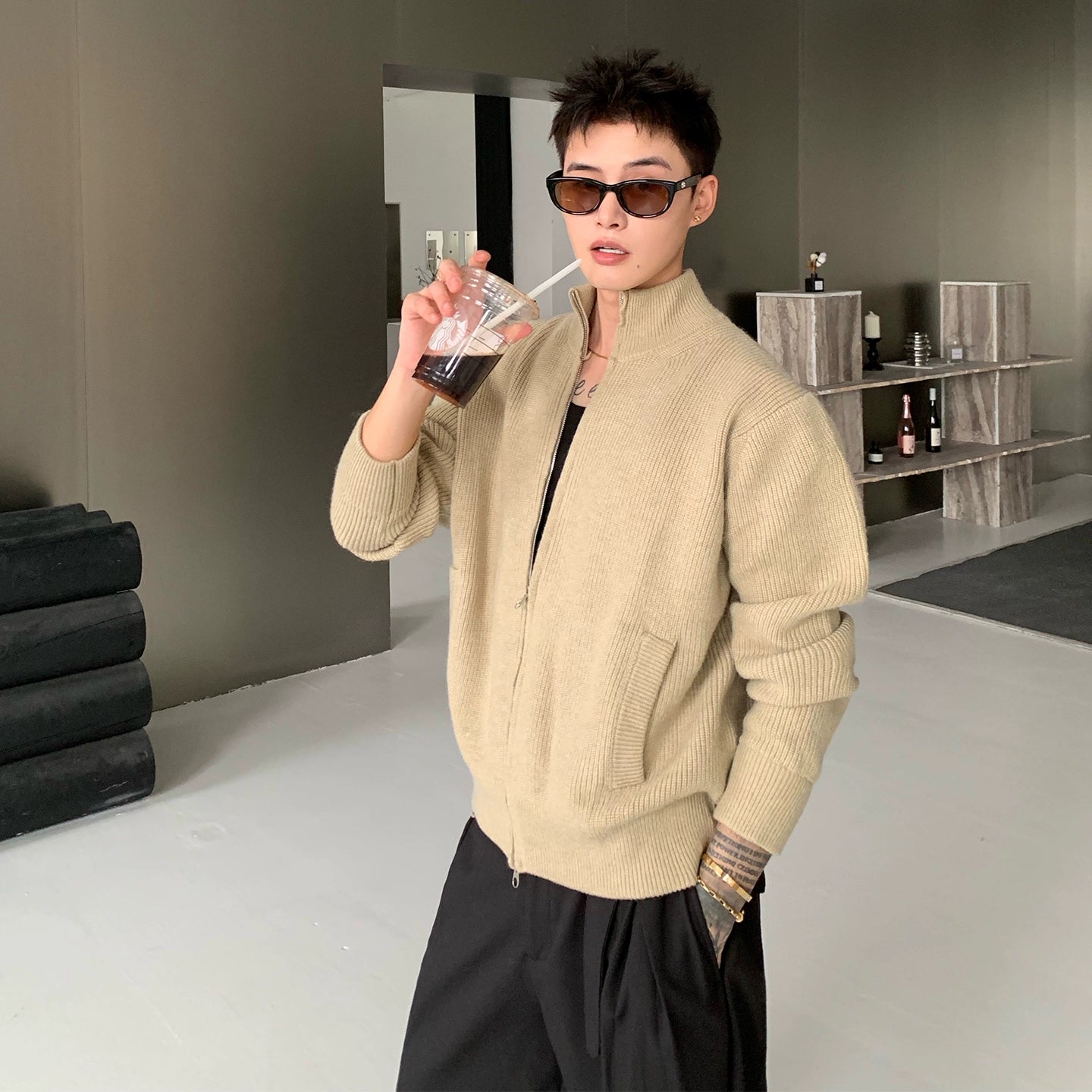 Wool Blend Stand Collar Zip Cardigan