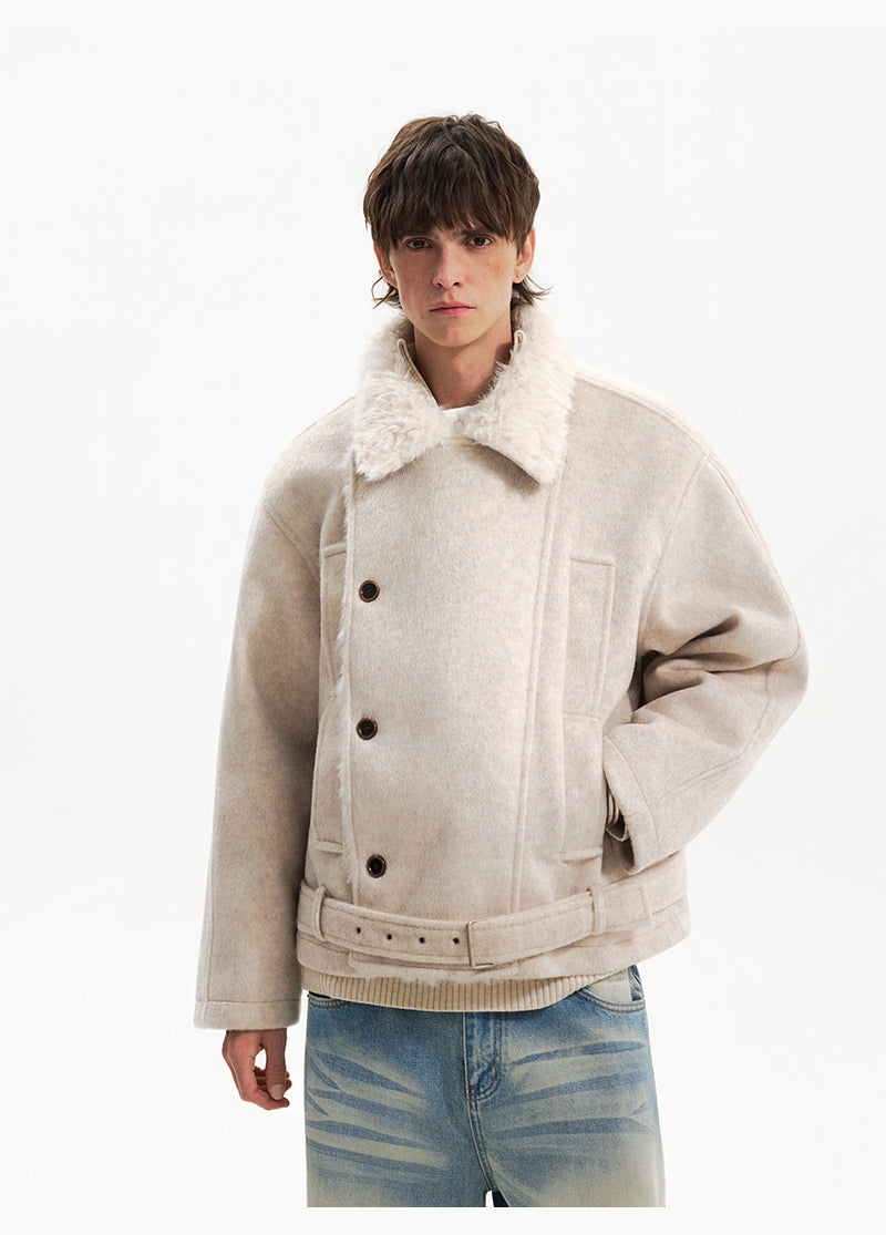 Двубортное шершавая пальто с поясом 