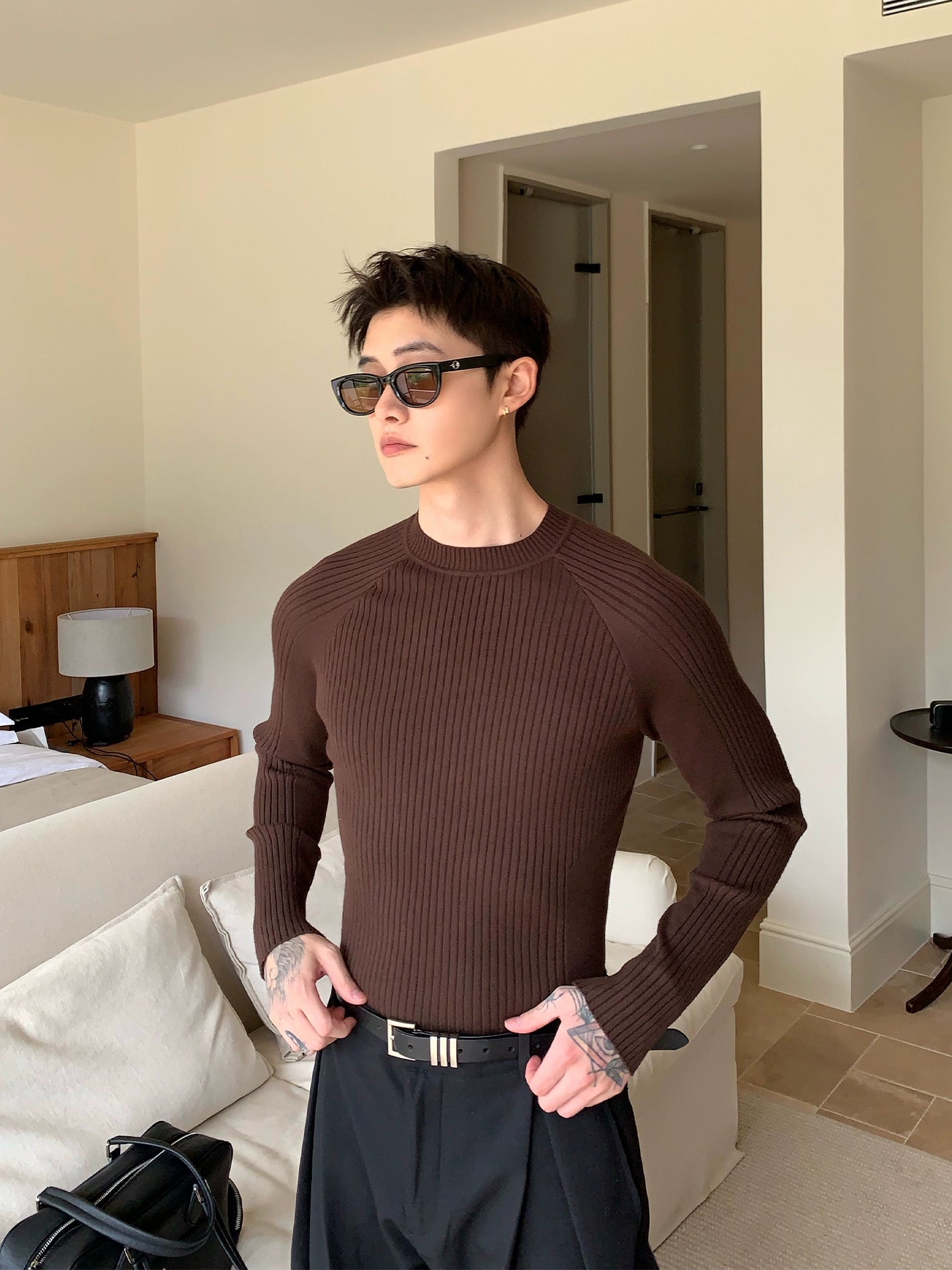 3D gerippter Textur Slim Fit Strickpullover 