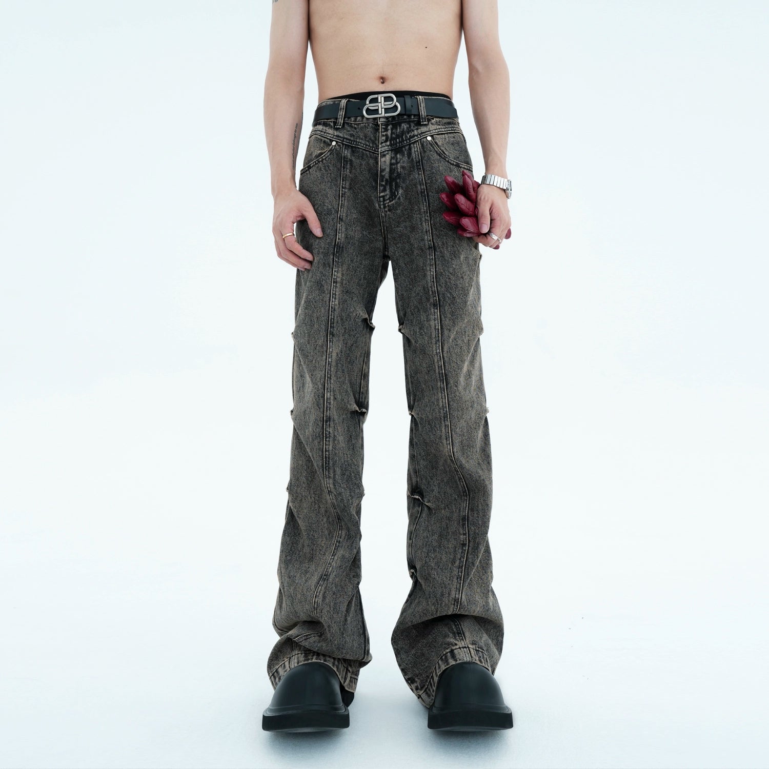 Pleated Flared Leg Retro Style Jeans Pants