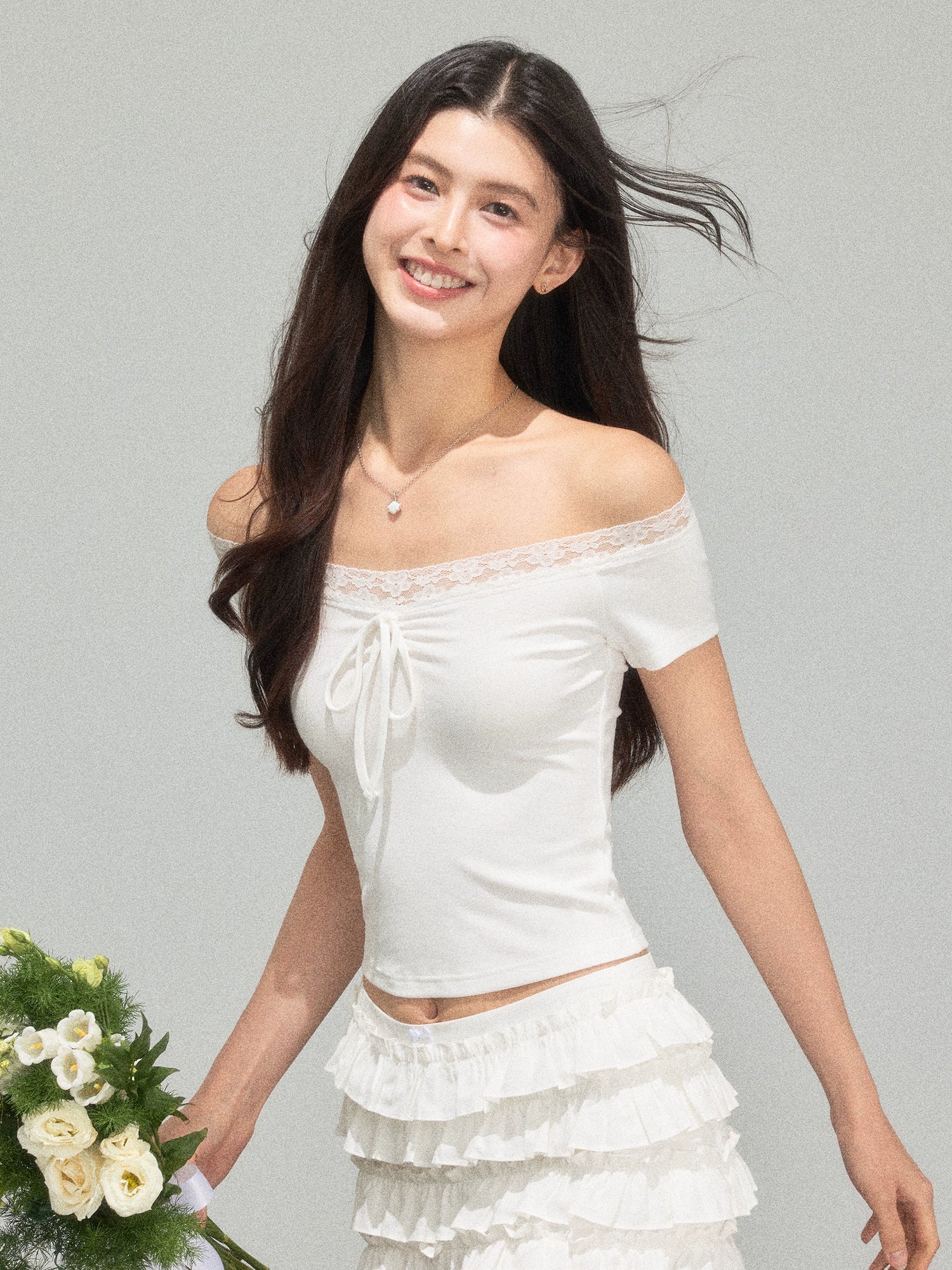 Lace Trim Off-Shoulder Slim-Fit Top