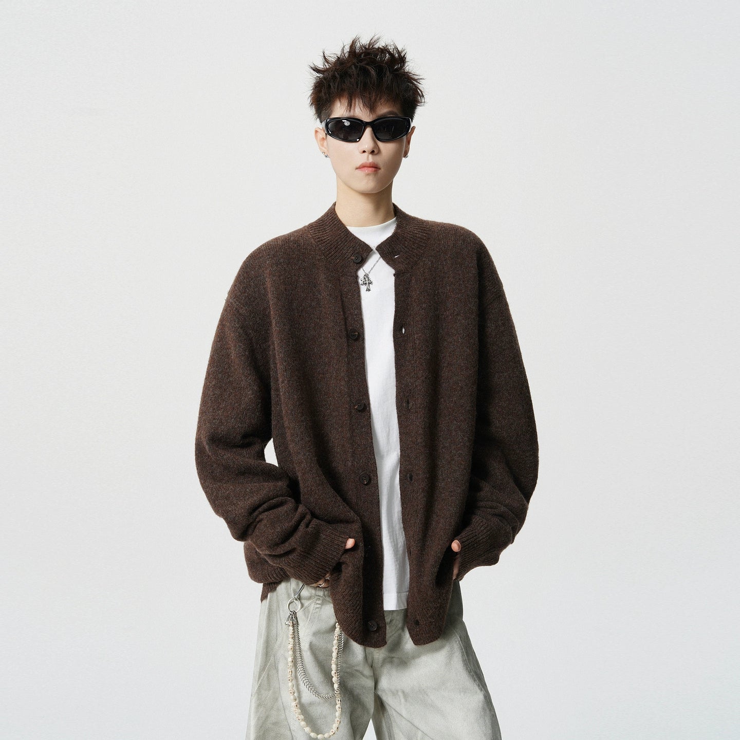 Button Stand Collar Knit Sweater