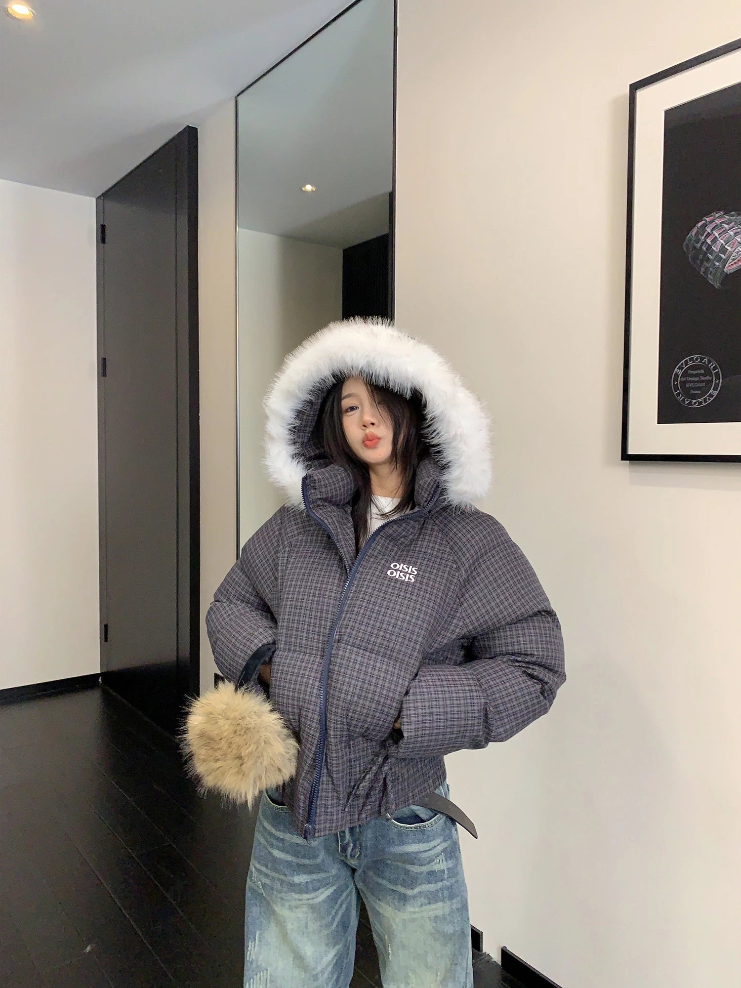 Veste matelassée à carreaux avec capuche en fausse fourrure 