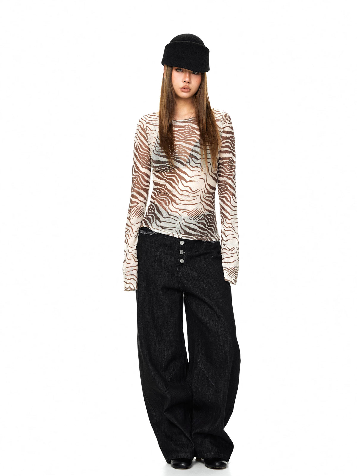 Zebra Print Sheer Long Sleeve T-Shirt 5