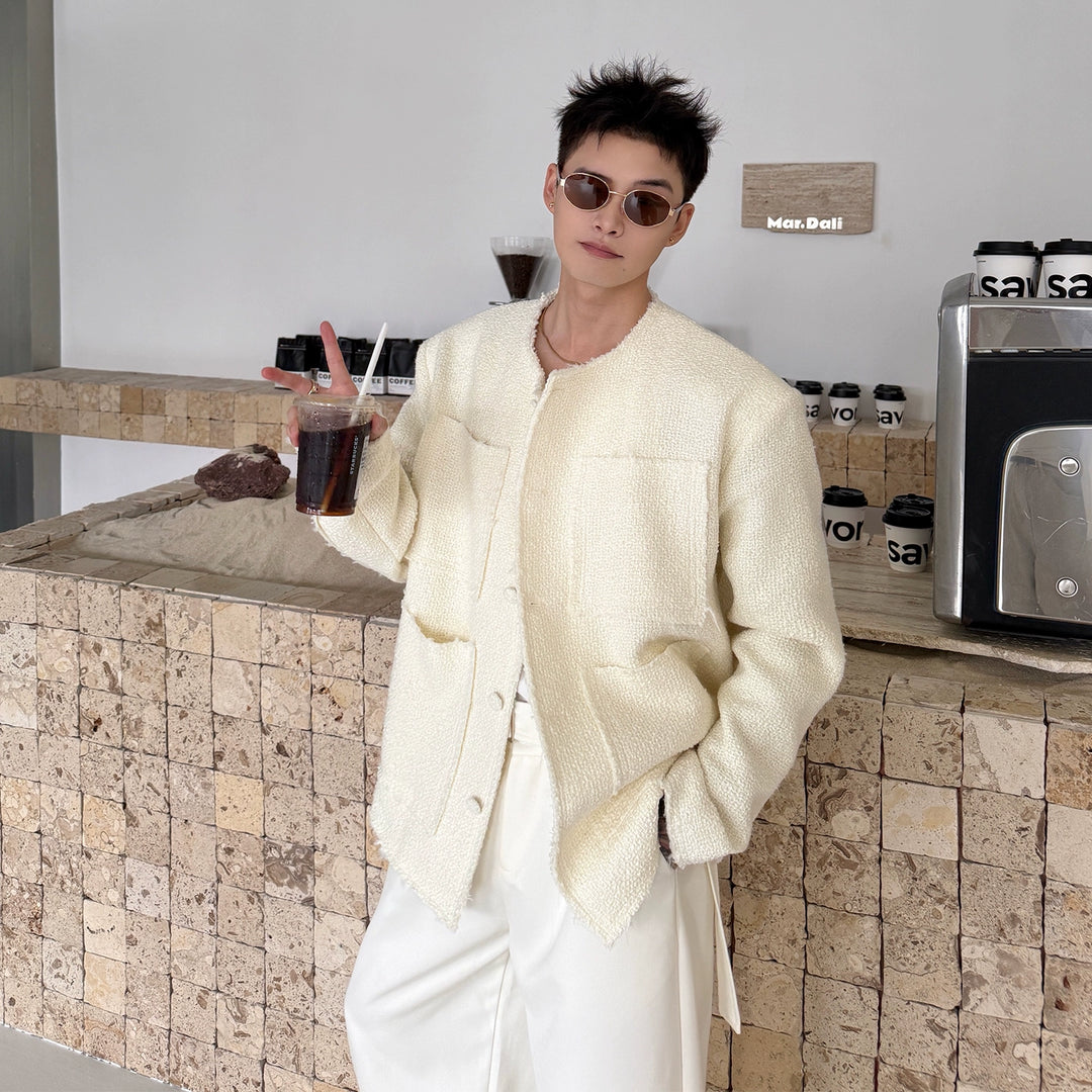 Collarless Wool Raw Edge Jacket
