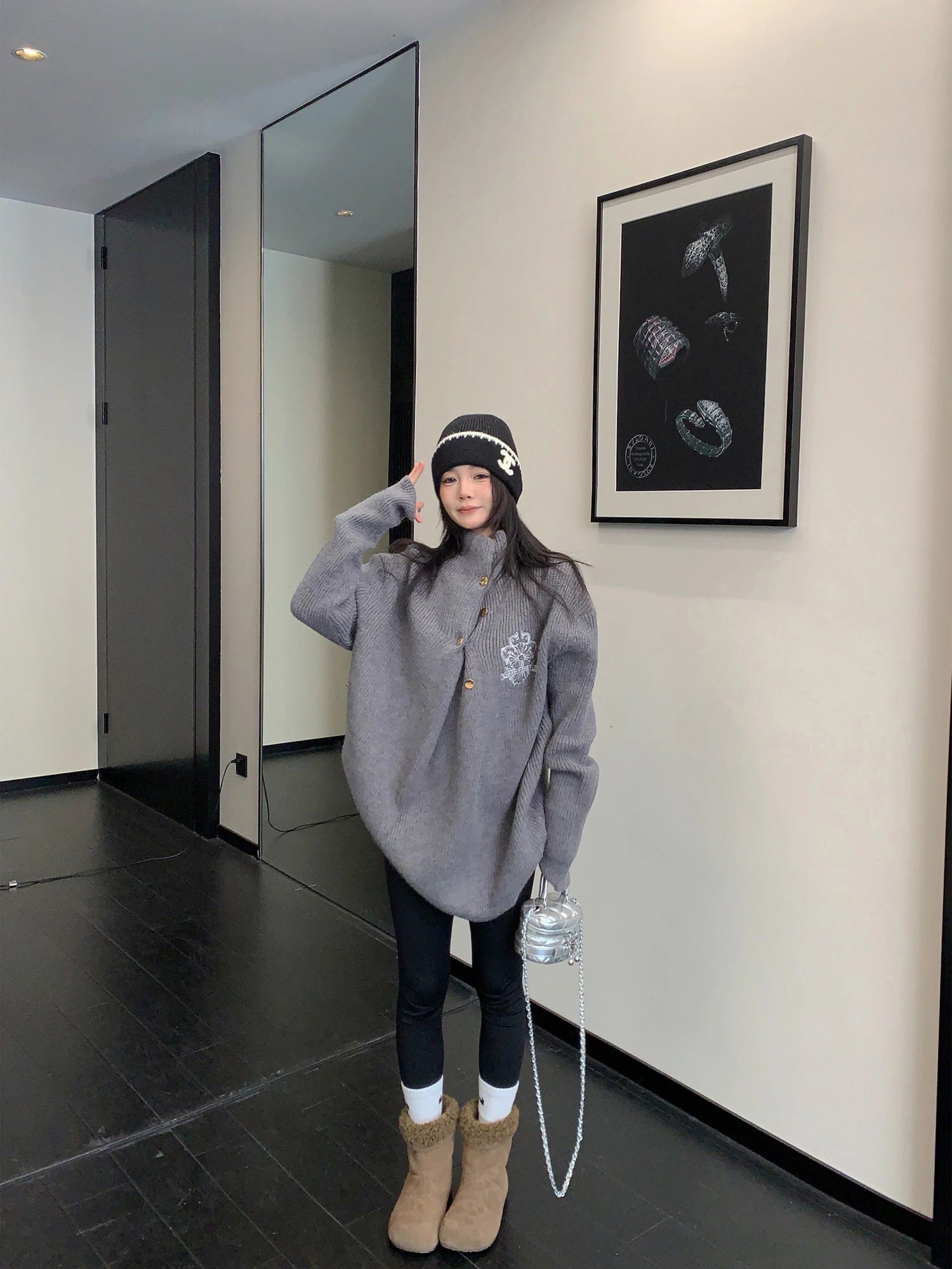 Oversized High-Neck Button Knit Pullover Sweater 5