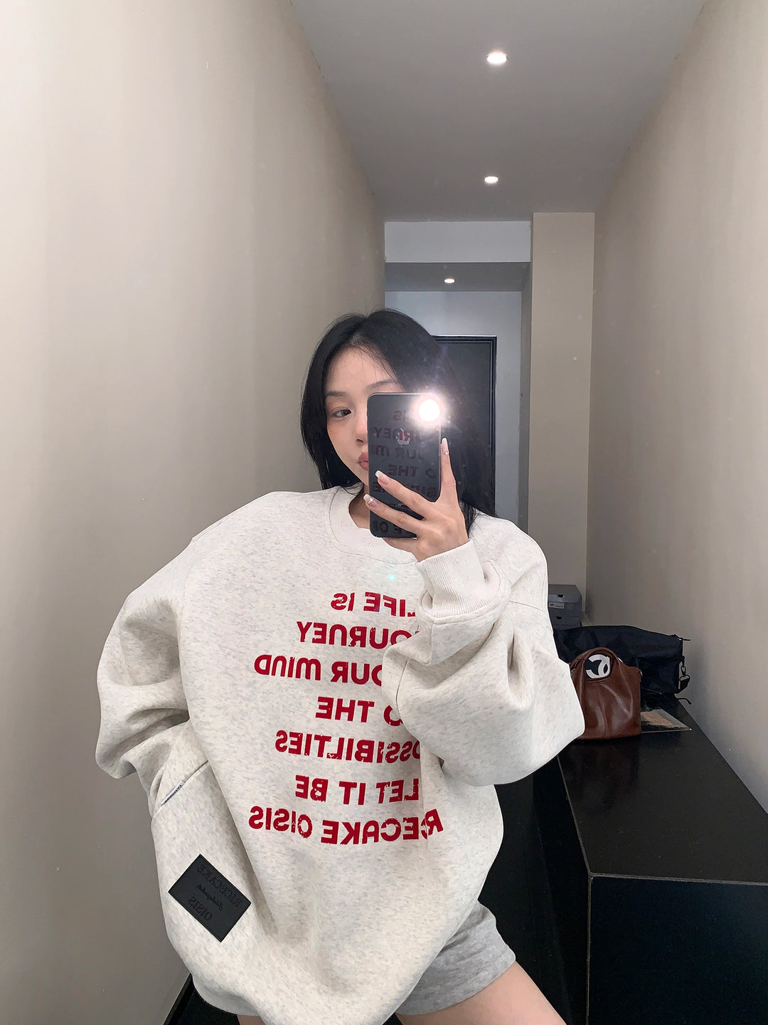 Bedruckter, lockerer Fleece-Crewneck-Pullover 