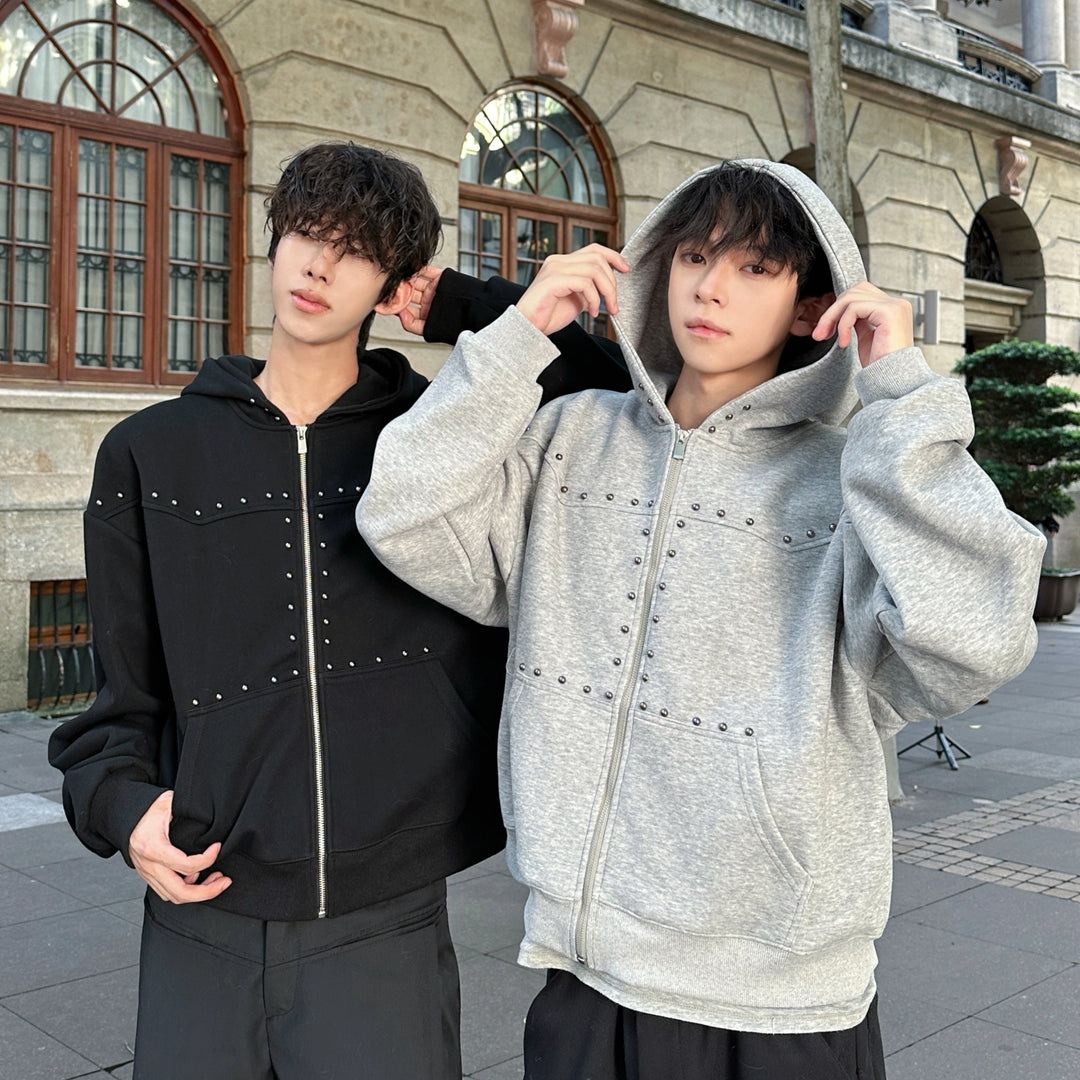Studded Zip Up Hooded Sweatshirt Pullover