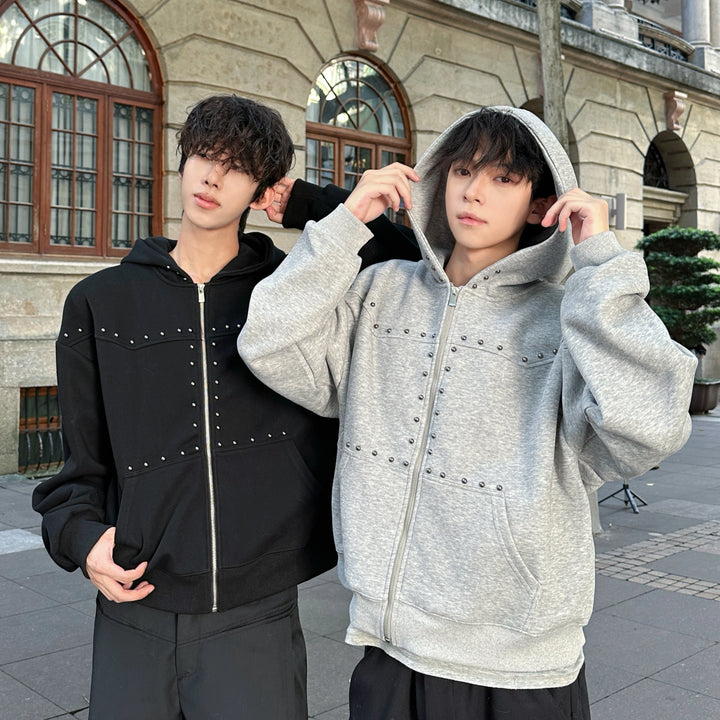 Studded Zip Up Hooded Sweatshirt Pullover